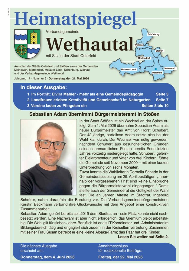 Heimatspiegel Verbandsgemeinde Wethautal mit Sitz in der Stadt Osterfeld Titelblatt 09/2026