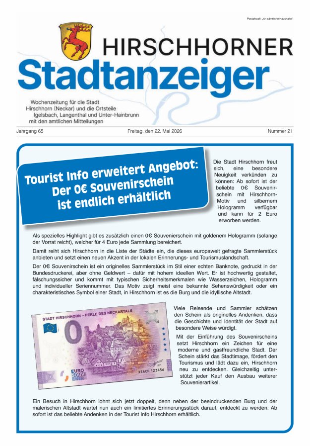 Hirschhorner Stadtanzeiger Titelblatt 21/2026