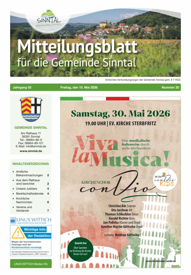 Mitteilungsblatt für die Gemeinde Sinntal Titelblatt 20/2026