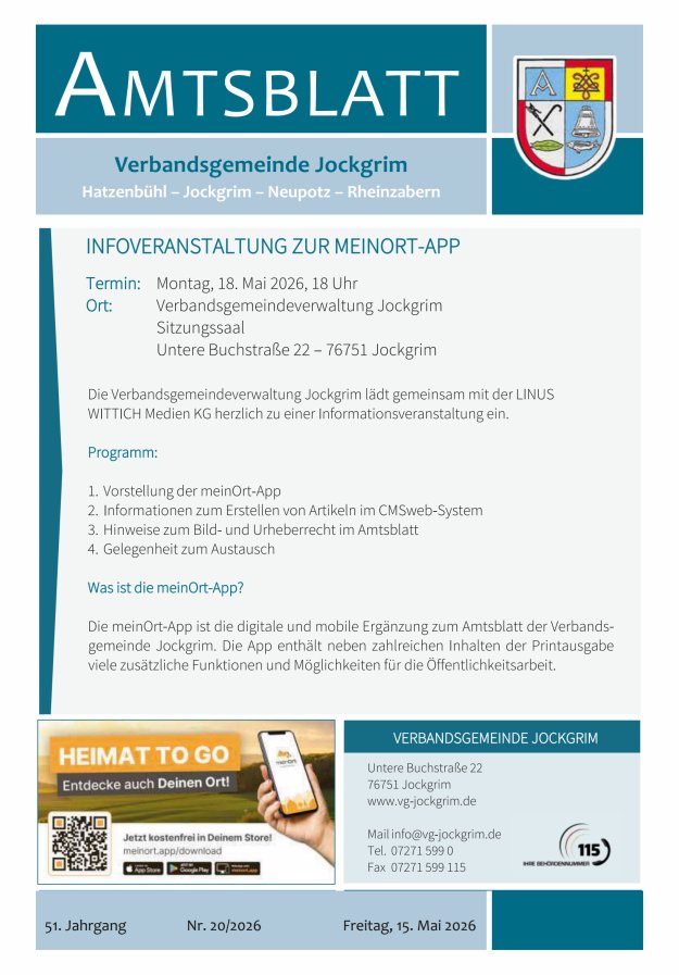 Amtsblatt VG Jockgrim Titelblatt 20/2026