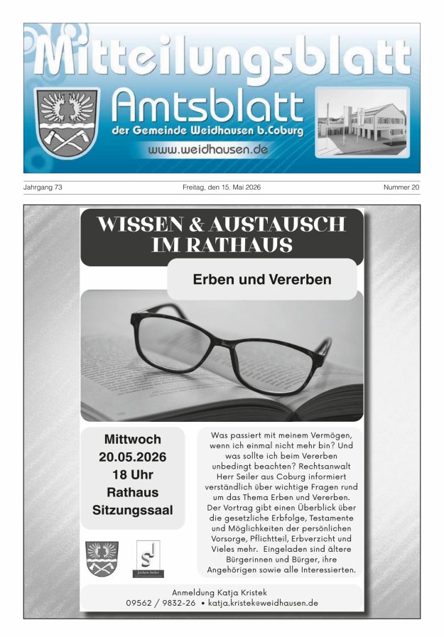 Mitteilungsblatt - Amtsblatt der Gemeinde Weidhausen b Coburg Titelblatt 20/2026