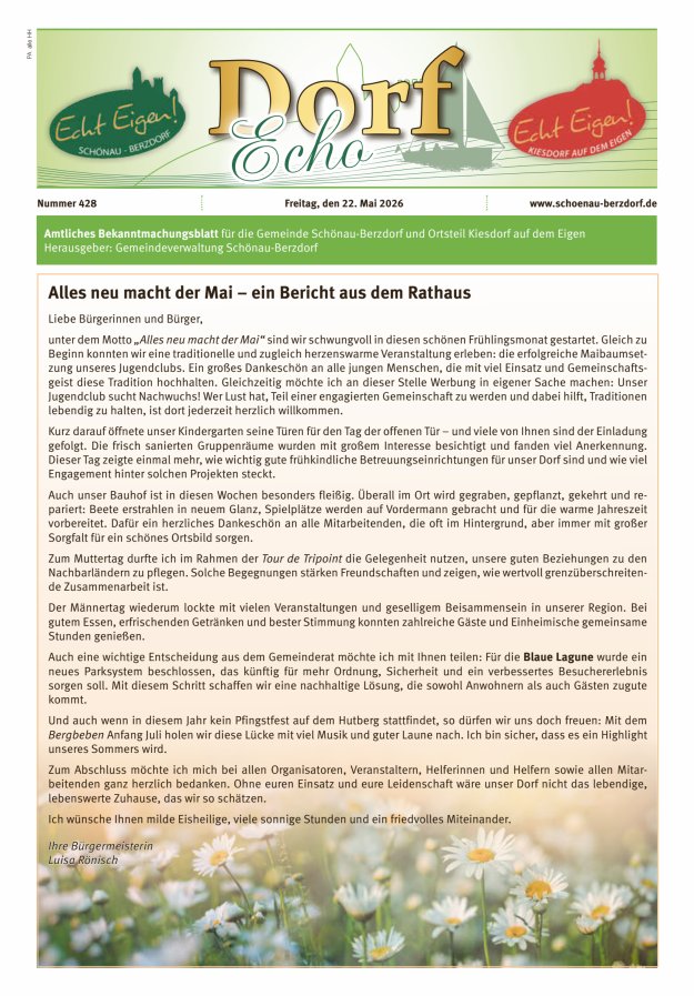 Dorfecho Amtliches Bekanntmachungsblatt für die Gemeinde Schönau-Berzdorf und OT Titelblatt 428/2026