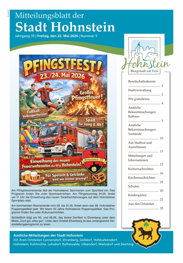 Mitteilungsblatt der Stadt Hohnstein Titelblatt 05/2026