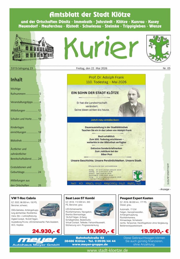 Stadt Klötze Kurier Titelblatt 05/2026