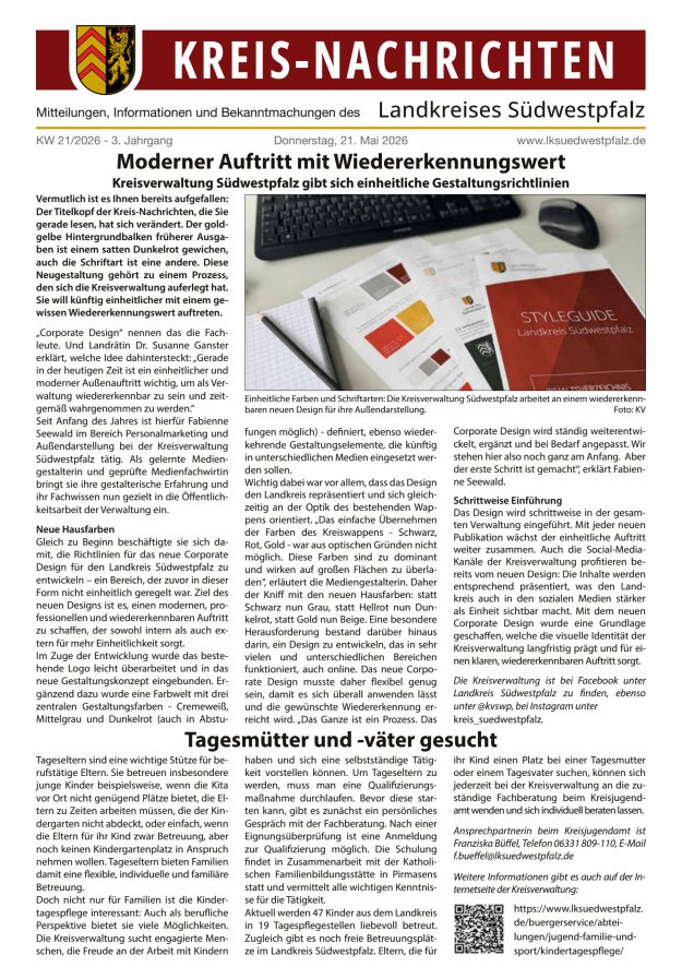 Kreis-Nachrichten - Mitteilungen des Landkreises Südwestpfalz Titelblatt 11/2026