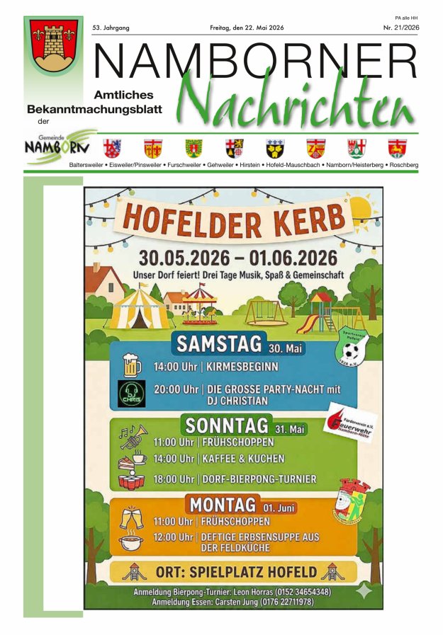 Namborner Nachrichten Titelblatt 21/2026