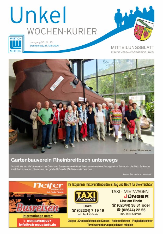 Wochen-Kurier Verbandsgemeinde Unkel Titelblatt 13/2026
