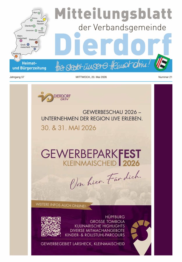 Mitteilungsblatt der Verbandsgemeinde Dierdorf Titelblatt 21/2026