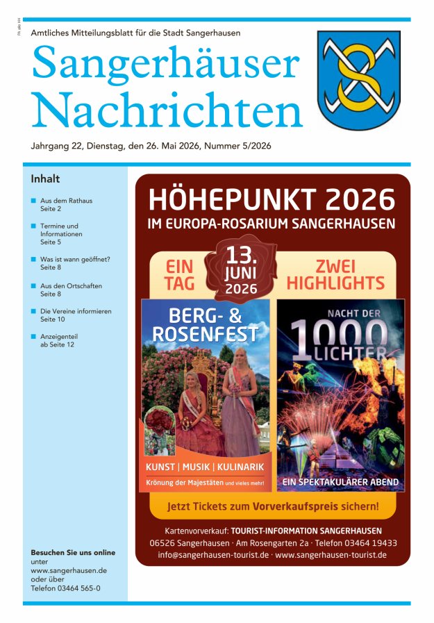 Sangerhäuser Nachrichten – Amtliches Mitteilungsblatt für die Stadt Sangerhausen Titelblatt 05/2026