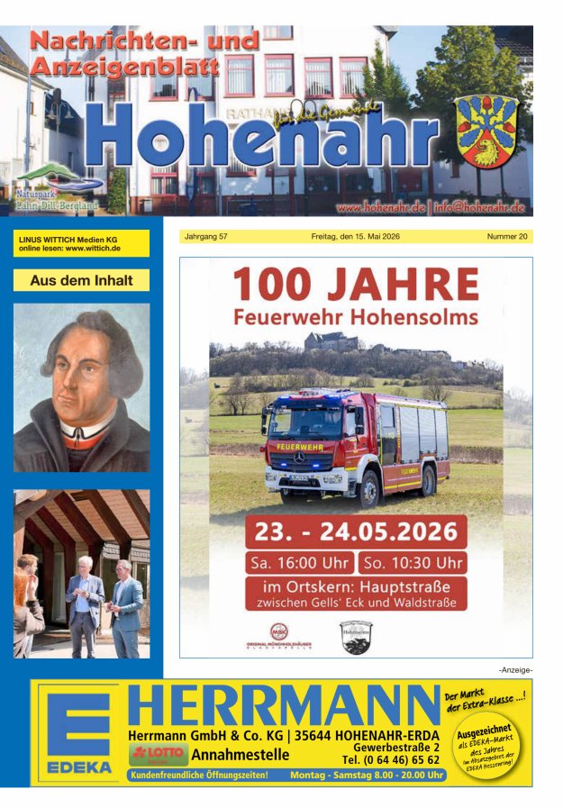 Nachrichten- und Anzeigenblatt für die Gemeinde Hohenahr Titelblatt 20/2026