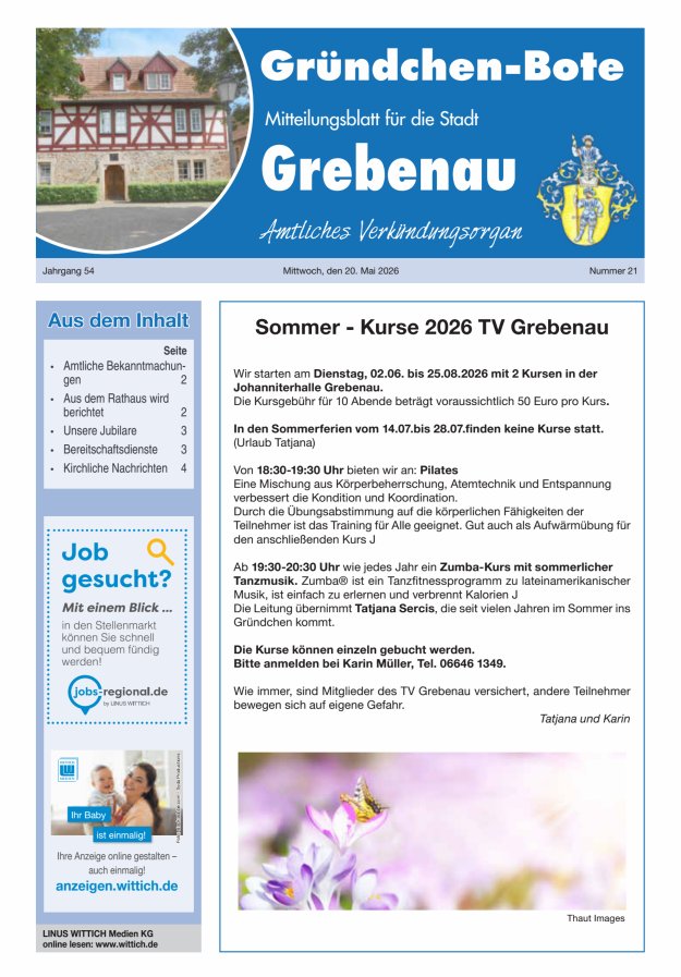 Grebenau - Gründchen Bote - Mitteilungsblatt für die Stadt Grebenau Titelblatt 21/2026