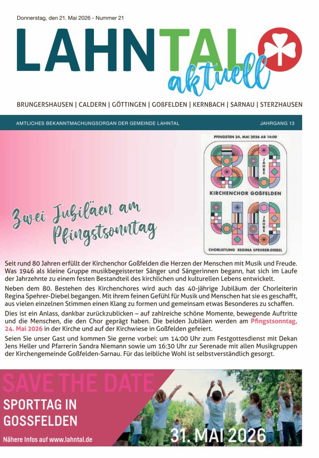 Amtliches Bekanntmachungsorgan der Gemeinde Lahntal Titelblatt 21/2026