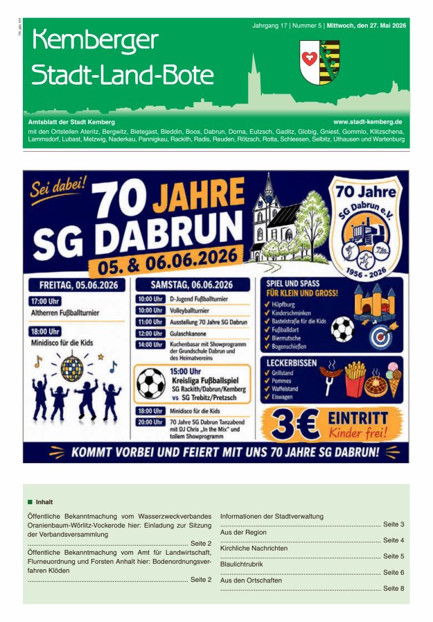 Kemberger Stadt-Land-Bote Amtsblatt der Stadt Kemberg Titelblatt 05/2026
