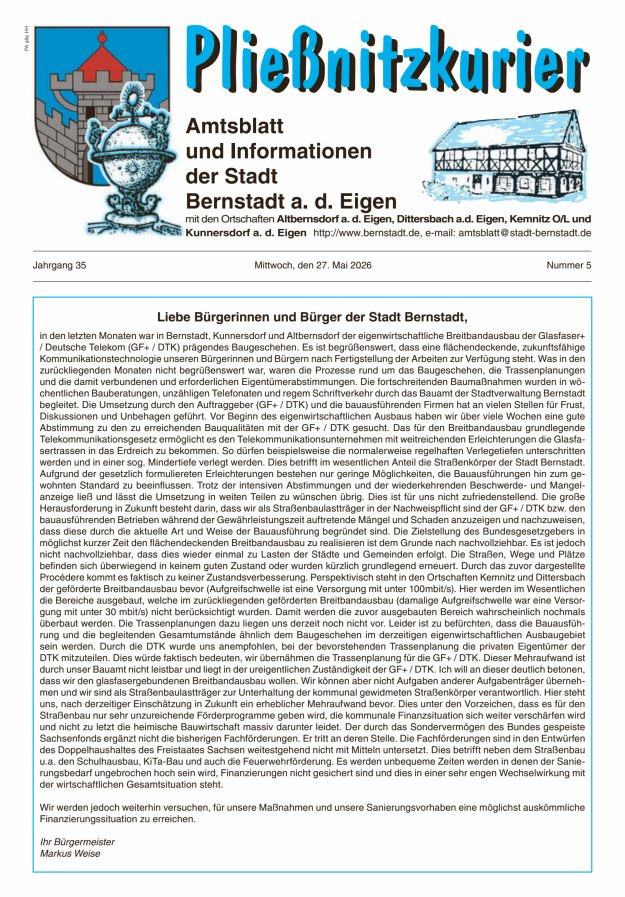 Pließnitzkurier – Amtsblatt und Informationen der Stadt Bernstadt a. d. Eigen Titelblatt 05/2026