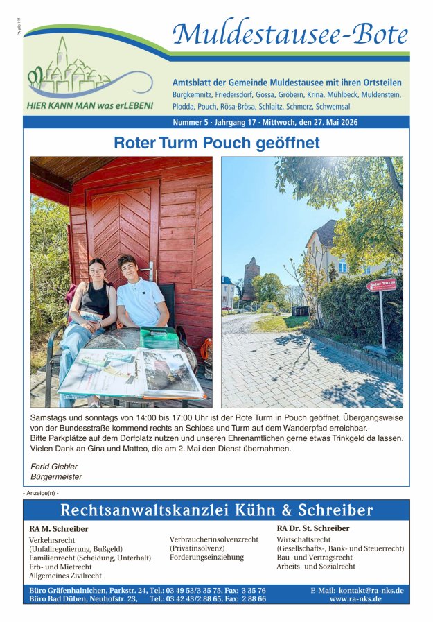 Muldestausee-Bote – Amtsblatt der Gemeinde Muldestausee mit ihren Ortsteilen Titelblatt 05/2026