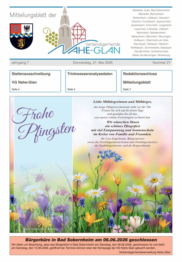 Mitteilungsblatt für die Verbandsgemeinde Nahe-Glan Titelblatt 21/2026