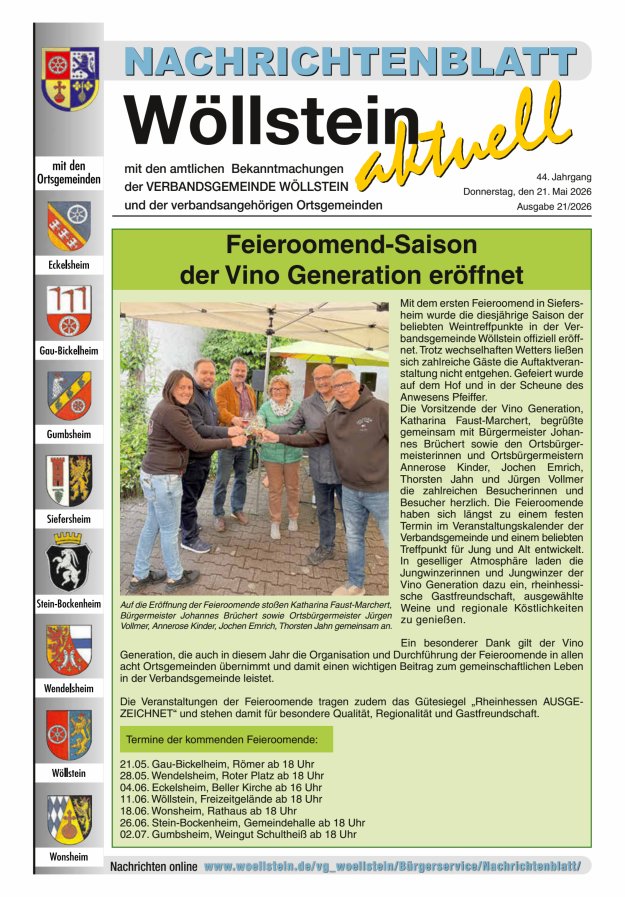 Nachrichtenblatt Wöllstein aktuell Titelblatt 21/2026