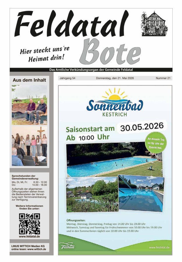 Das Amtliche Verkündungsorgan der Gemeinde Feldatal Titelblatt 21/2026