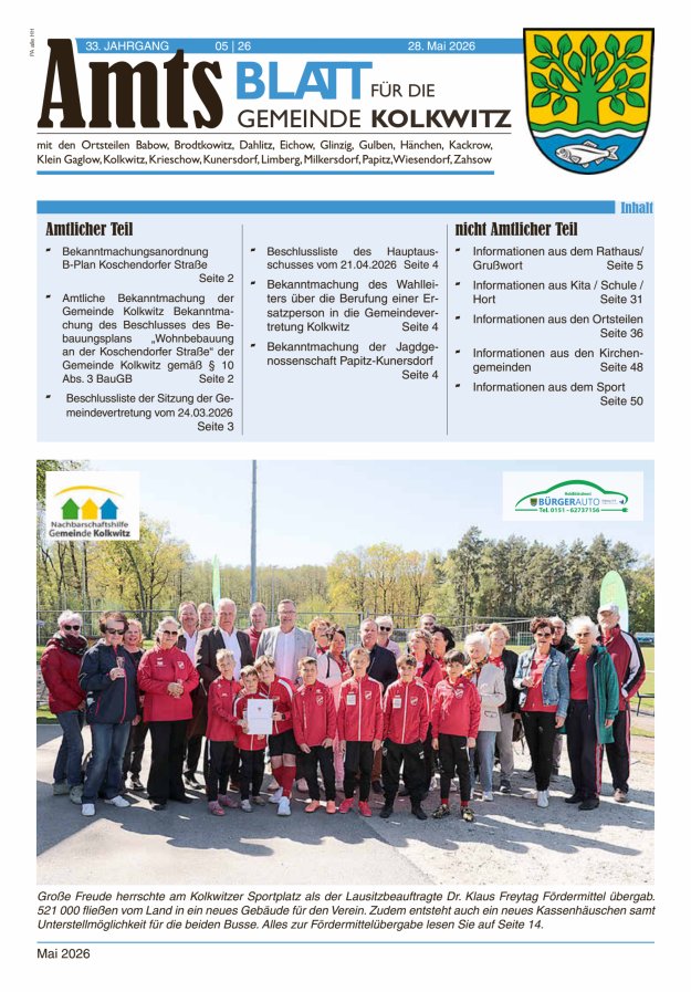 Amtsblatt für die Gemeinde Kolkwitz  Titelblatt 05/2026