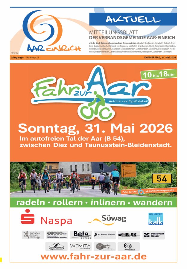 Mitteilungsblatt der Verbandsgemeinde Aar-Einrich Ausgabe Hahnstätten Titelblatt 21/2026