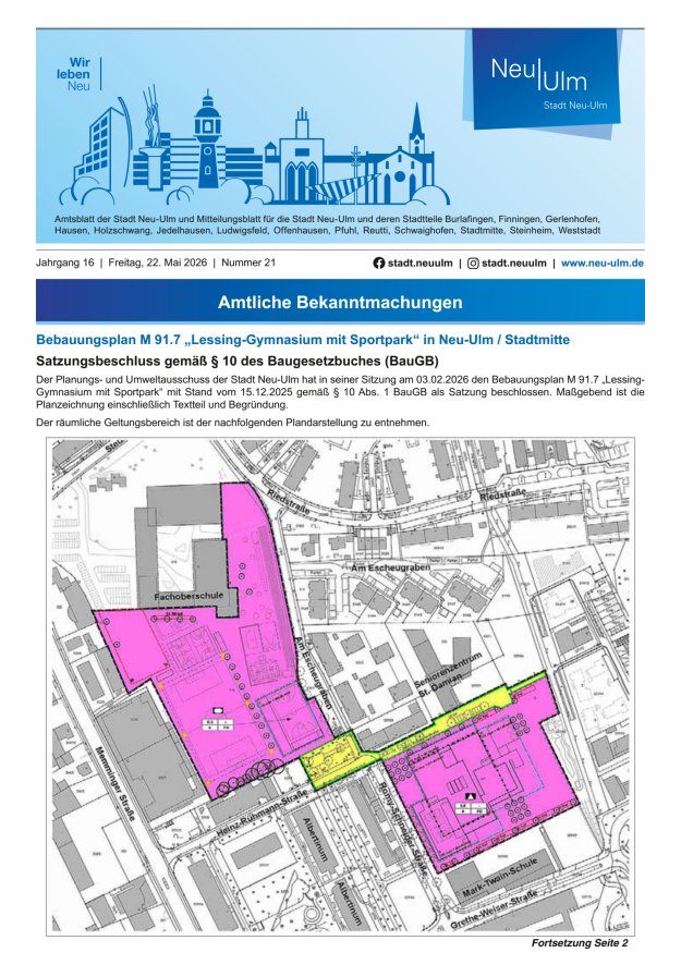 Amtsblatt der Stadt Neu-Ulm und Mitteilungsblatt für die Stadt Neu-Ulm Titelblatt 21/2026