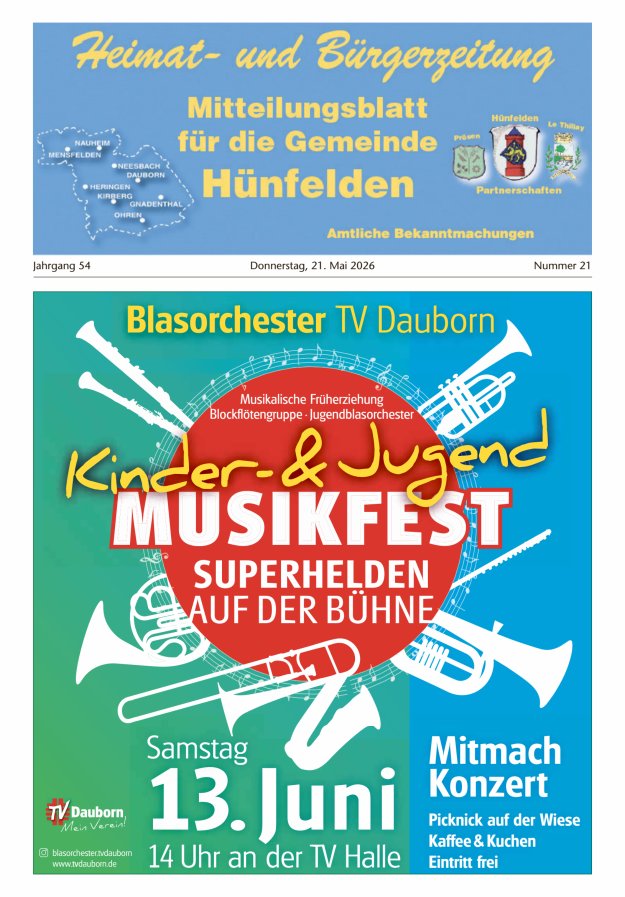 Mitteilungsblatt für die Gemeinde Hünfelden Titelblatt 21/2026