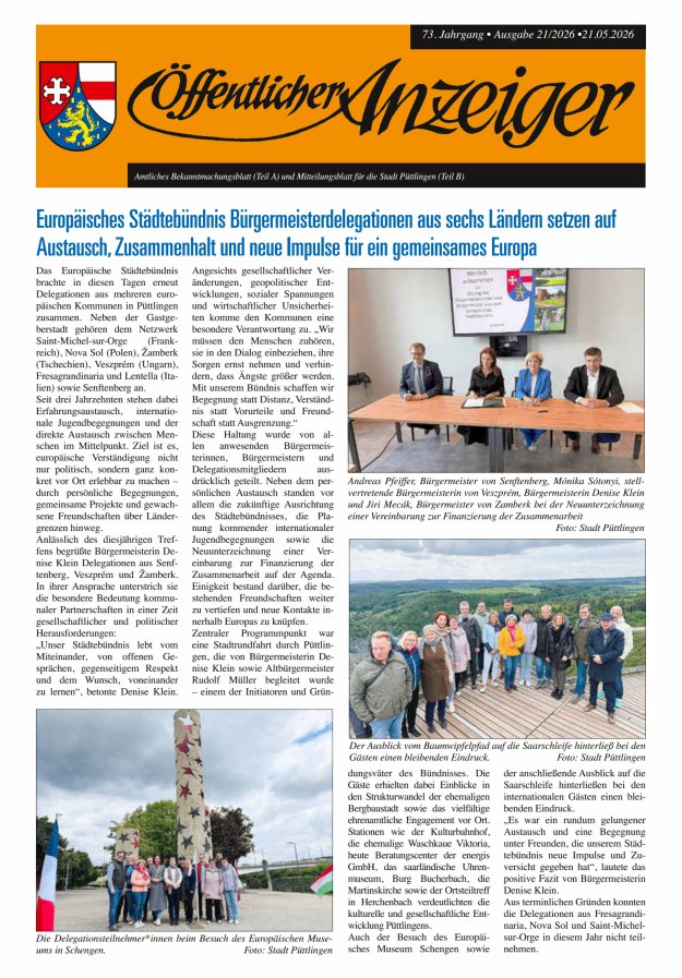 Öffentlicher Anzeiger - Stadt Püttlingen Titelblatt 21/2026