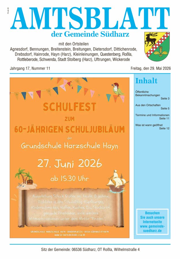 Amtsblatt der Gemeinde Südharz Titelblatt 11/2026