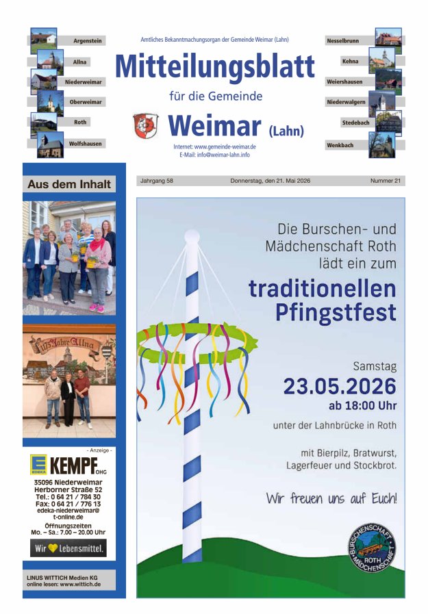Mitteilungsblatt für die Gemeinde Weimar Titelblatt 21/2026
