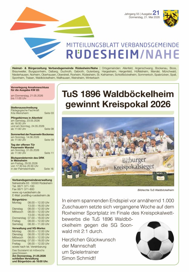 Mitteilungsblatt Verbandsgemeinde Rüdesheim und zugehörige Ortsgemeinden Titelblatt 21/2026