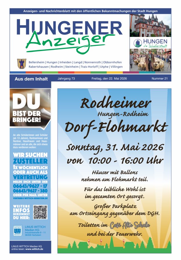 Anzeigen- und Nachrichtenblatt mit den öff  Bekanntmachungen der Stadt Hungen Titelblatt 21/2026