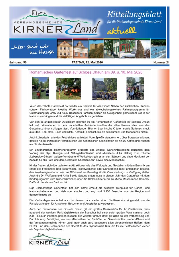 Mitteilungsblatt für den Bereich der Verbandsgemeinde Kirner Land Titelblatt 21/2026