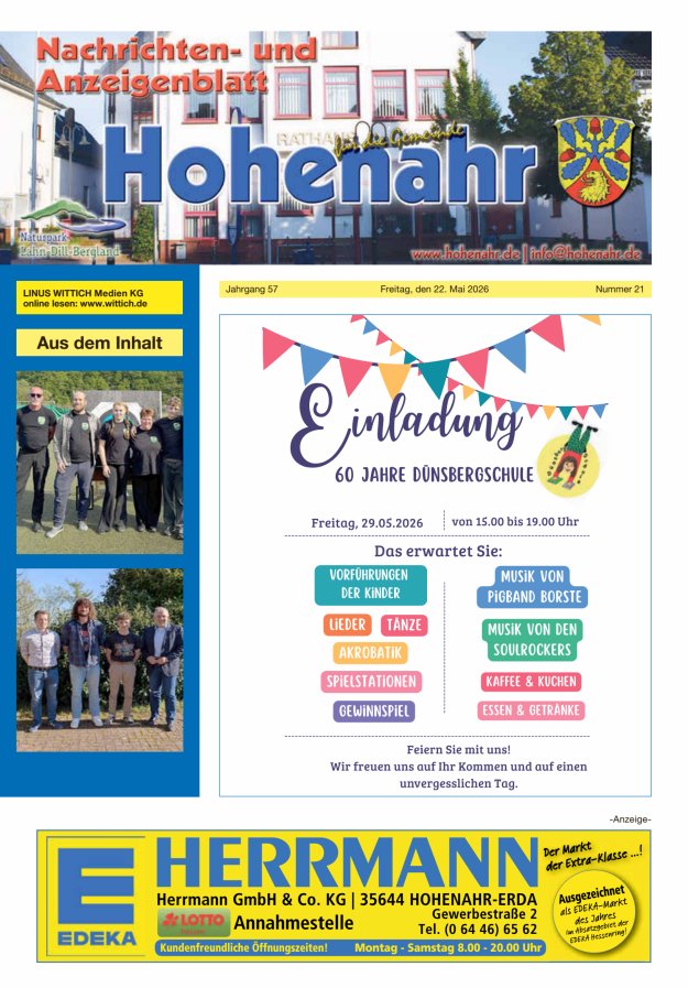 Nachrichten- und Anzeigenblatt für die Gemeinde Hohenahr Titelblatt 21/2026