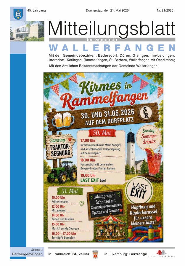 Mitteilungsblatt Gemeinde Wallerfangen Titelblatt 21/2026