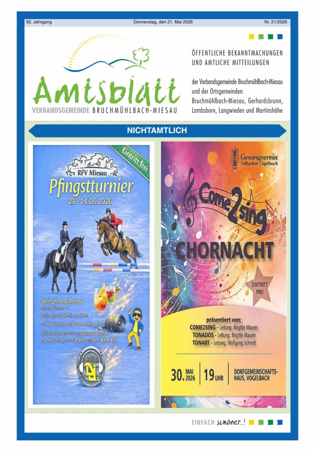 Amtsblatt der VG Bruchmühlbach-Miesau Titelblatt 21/2026