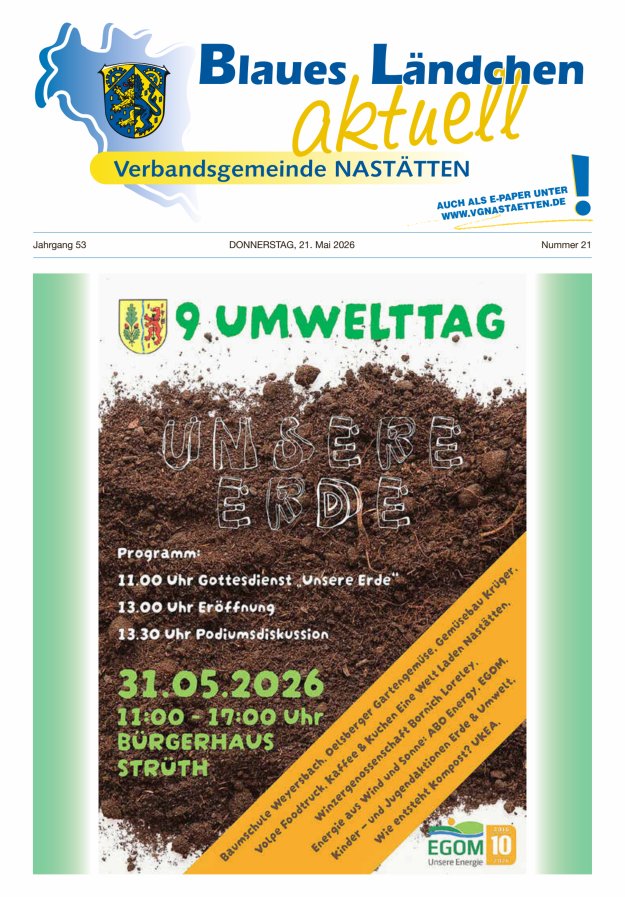 Blaues Ländchen aktuell - Heimat- u Bürgerzeitung VG Nastätten Titelblatt 21/2026