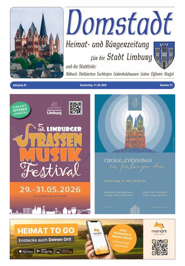 Domstadt - Heimat- und Bürgerzeitung für die Stadt Limburg Titelblatt 21/2026