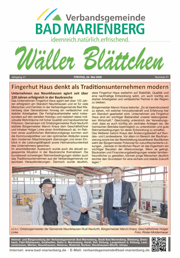 Wäller Blättchen - Verbandsgemeinde Bad Marienberg Titelblatt 21/2026