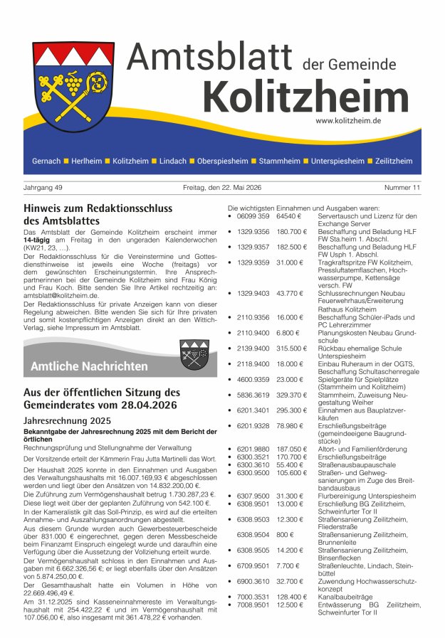 Amtsblatt der Gemeinde Kolitzheim Titelblatt 11/2026