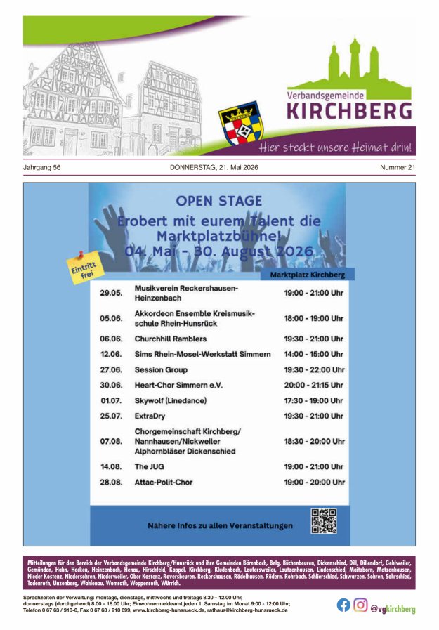 Mitteilungen der Verbandsgemeinde Kirchberg Hunsrück Titelblatt 21/2026