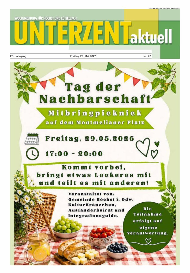 Unterzent aktuell Wochenzeitung für Höchst und Lützelbach Titelblatt 22/2026