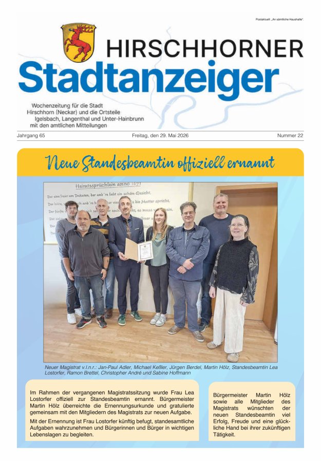 Hirschhorner Stadtanzeiger Titelblatt 22/2026