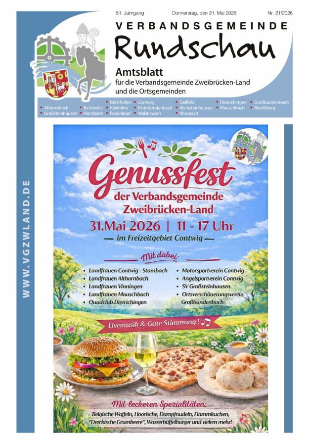Verbandsgemeinde Rundschau Zweibrücken-Land Titelblatt 21/2026
