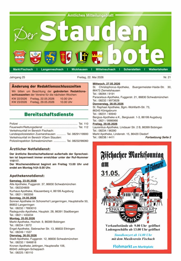 Staudenbote Amtliches Mitteilungsblatt Titelblatt 21/2026