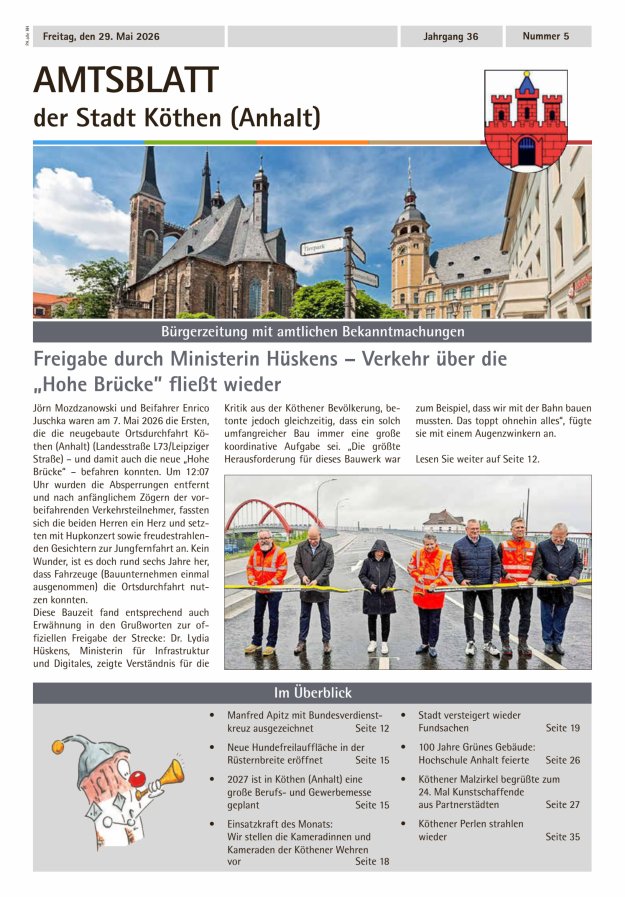Amtsblatt der Stadt Köthen (Anhalt) – Bürgerzeitung mit amtlichen Bekanntmachungen Titelblatt 05/2026