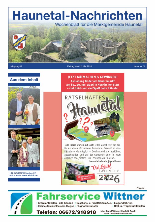 Haunetal-Nachrichten Titelblatt 21/2026