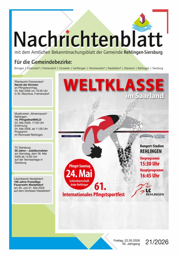 Nachrichtenblatt Rehlingen-Siersburg Titelblatt 21/2026