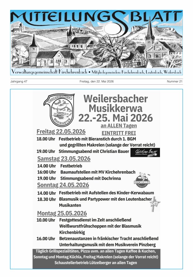 Mitteilungsblatt Verwaltungsgemeinschaft Kirchehrenbach Titelblatt 21/2026