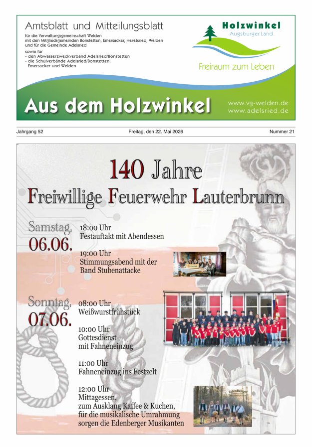 Aus dem Holzwinkel Amtsblatt u Mitteilungsblatt f VG Welden u GemAdelsried Titelblatt 21/2026