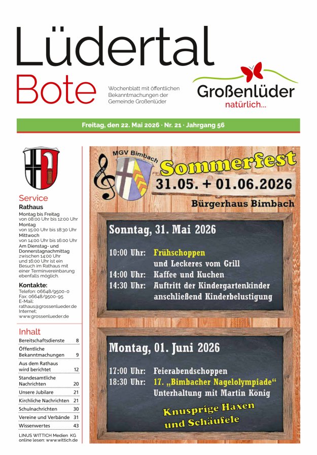 Wochenblatt mit öffentlichen Bekanntmachungen der Gemeinde Großenlüder Titelblatt 21/2026